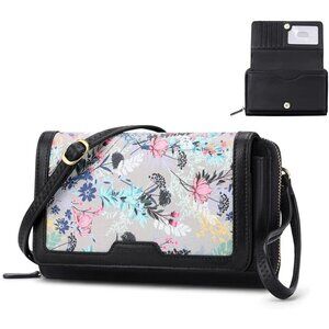 Women’s 16-black With Grey Flora Leather Imported Zipper Purses Crossbody Bag